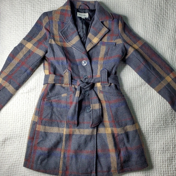Merona Gray Plaid Pea Coat w/ Tie Belt SMALL - Picture 2 of 7